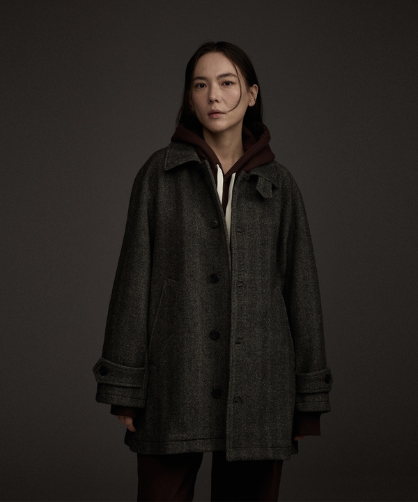 W Balmacaan Herringbone Wool Cashmere Half Coat Black