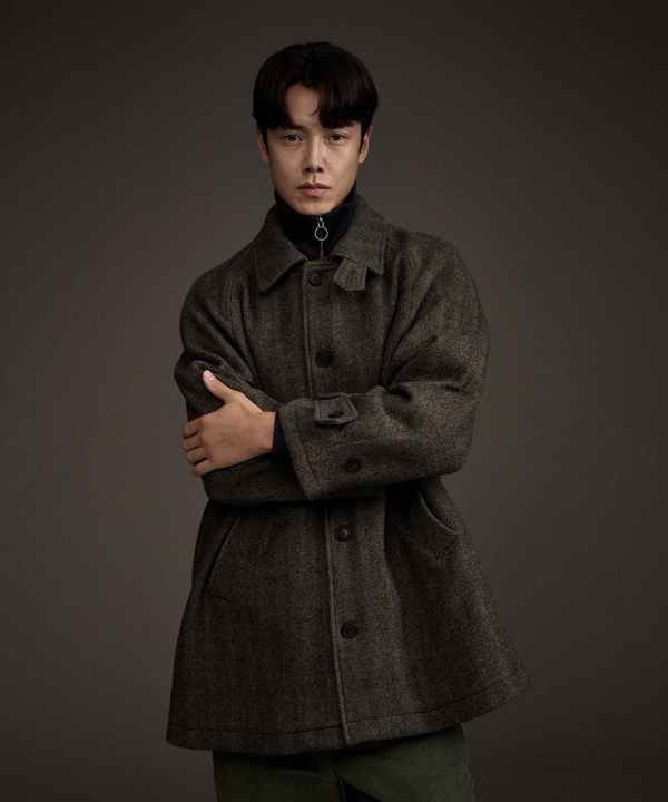 Balmacaan Herringbone Wool Cashmere Half Coat Black