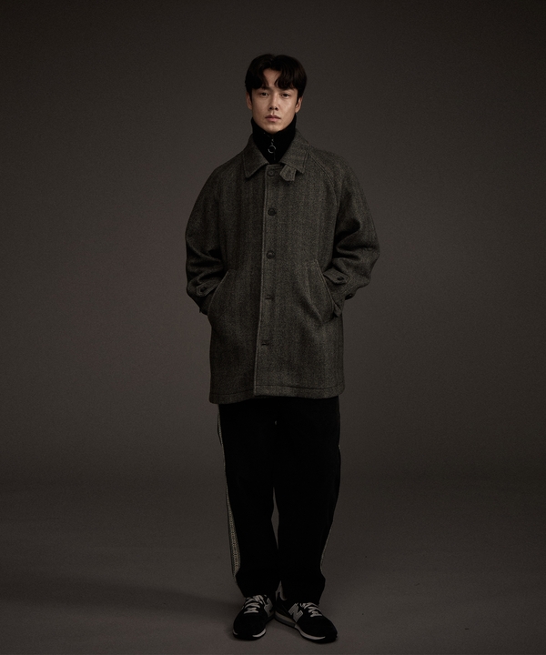 Balmacaan Herringbone Wool Cashmere Half Coat Black