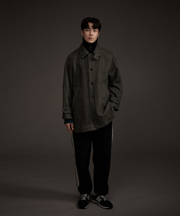 Balmacaan Herringbone Wool Cashmere Half Coat Black