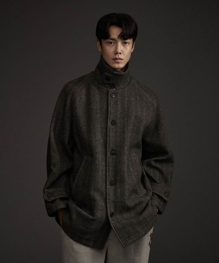 Balmacaan Herringbone Wool Cashmere Half Coat Black