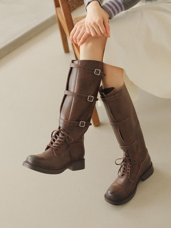 ljh1026 lace-up belted long boots _ 2colors