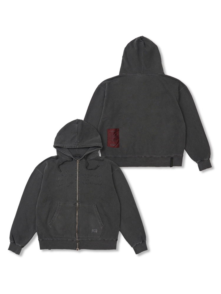 Applique STGM Pigment Washed Oversized Zip-up Hoodie Charcoal