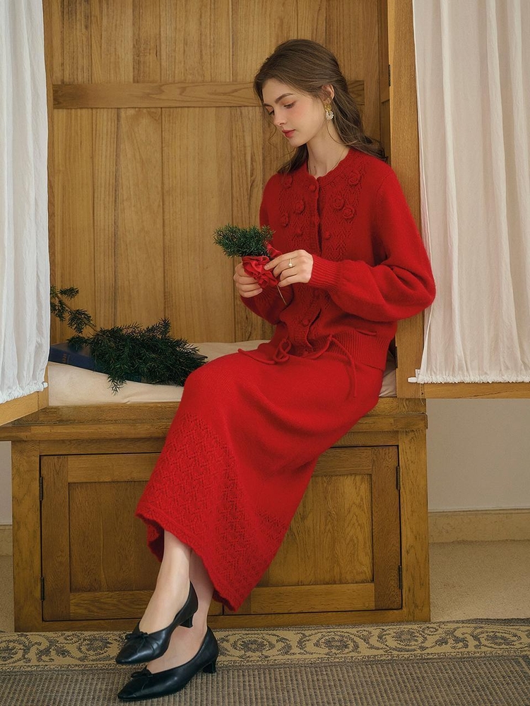 SR_Gentle wool cardigan skirt set_RED