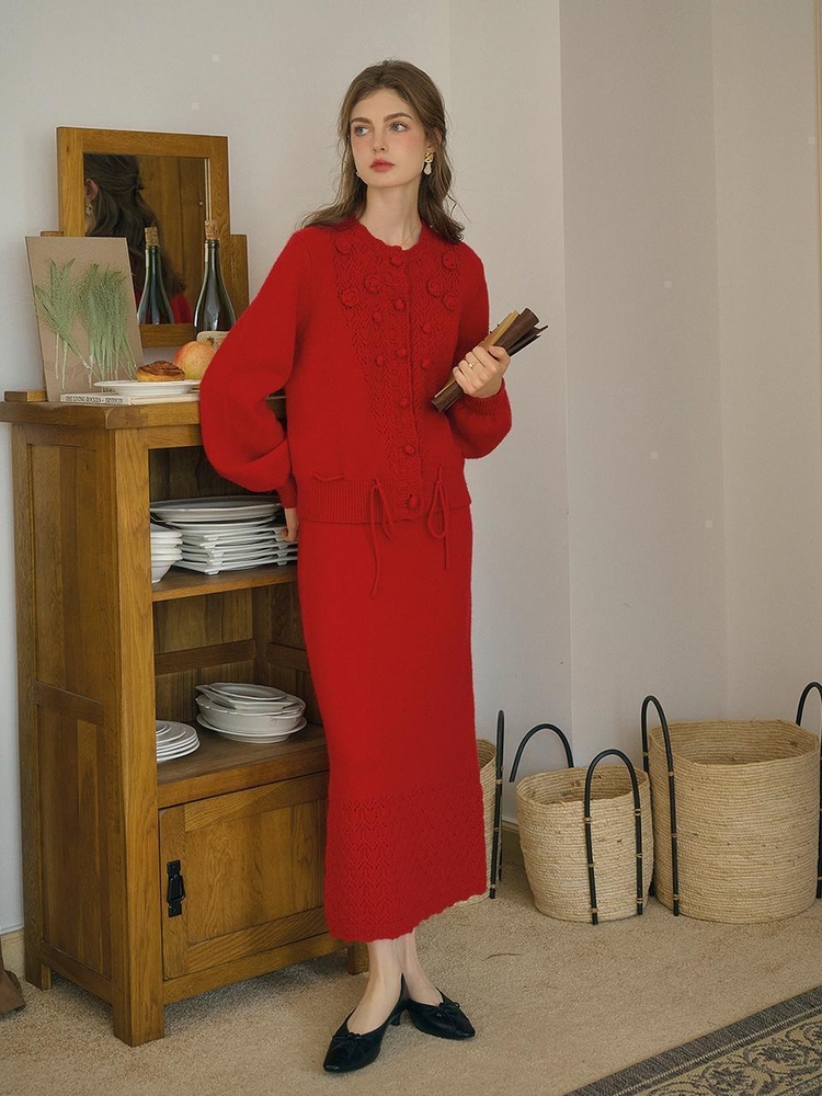 SR_Gentle wool cardigan skirt set_RED