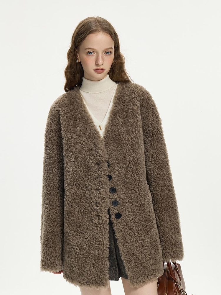 WD_Loose V-neck fur jacket_BROWN