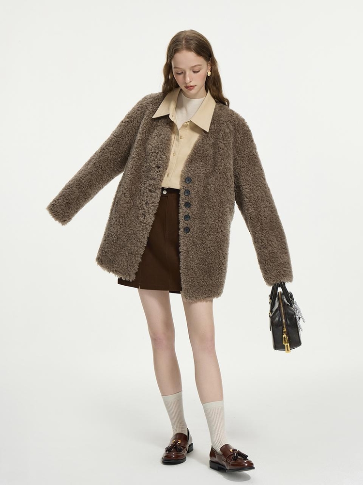 WD_Loose V-neck fur jacket_BROWN