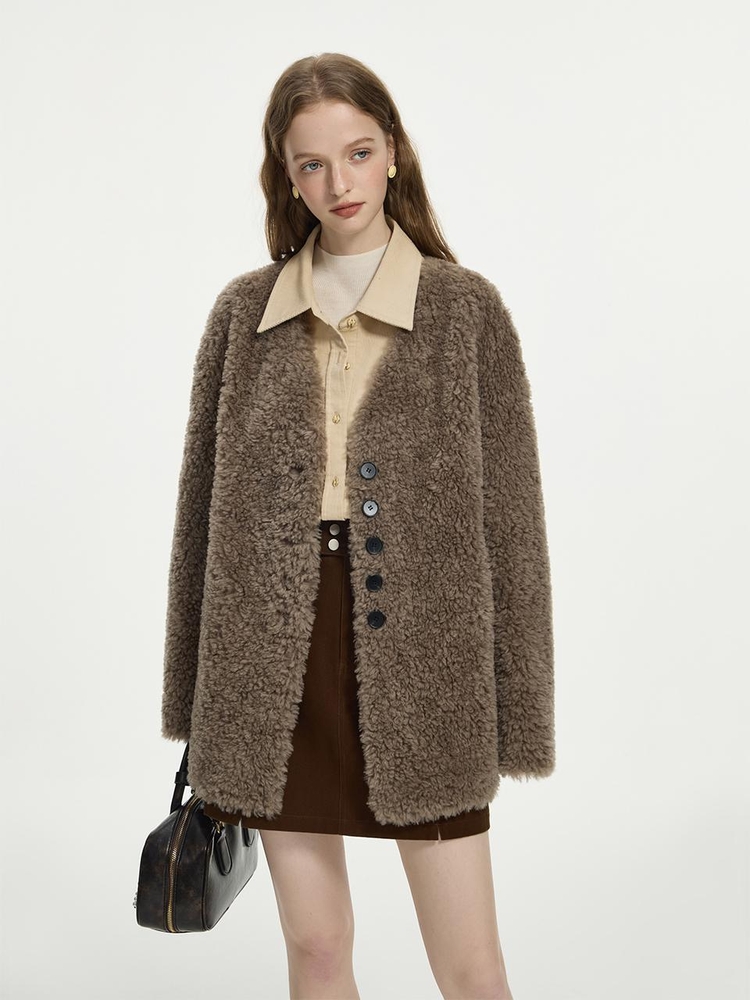 WD_Loose V-neck fur jacket_BROWN