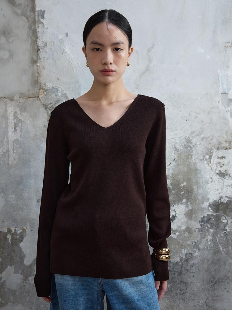 V-neck Knit Top Dark Brown