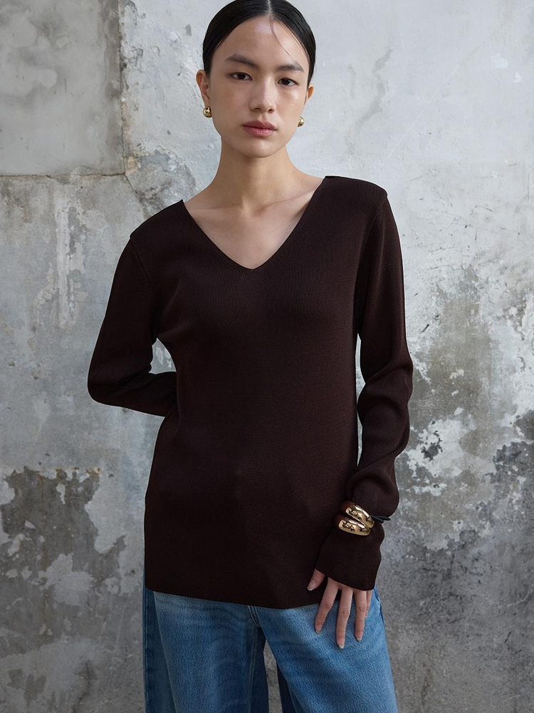 V-neck Knit Top Dark Brown