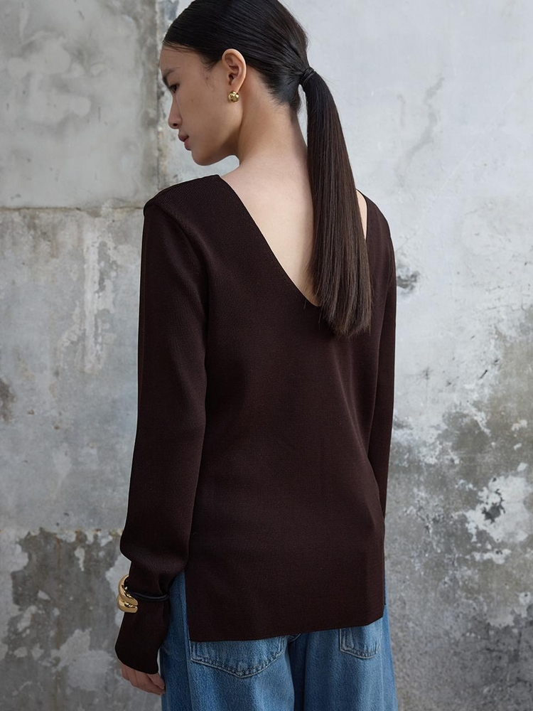 V-neck Knit Top Dark Brown