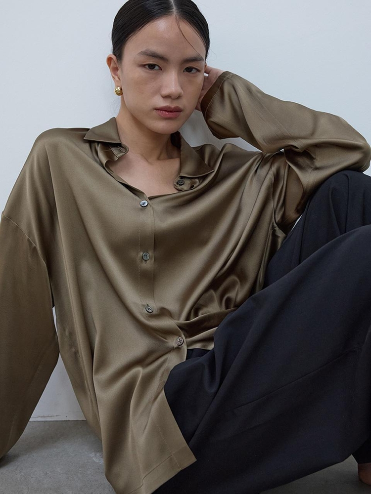 Oversized Silk Shirt Khaki