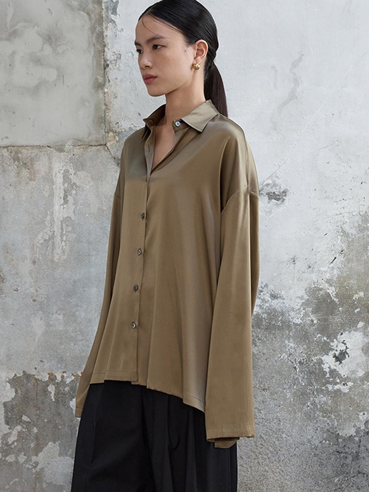 Oversized Silk Shirt Khaki