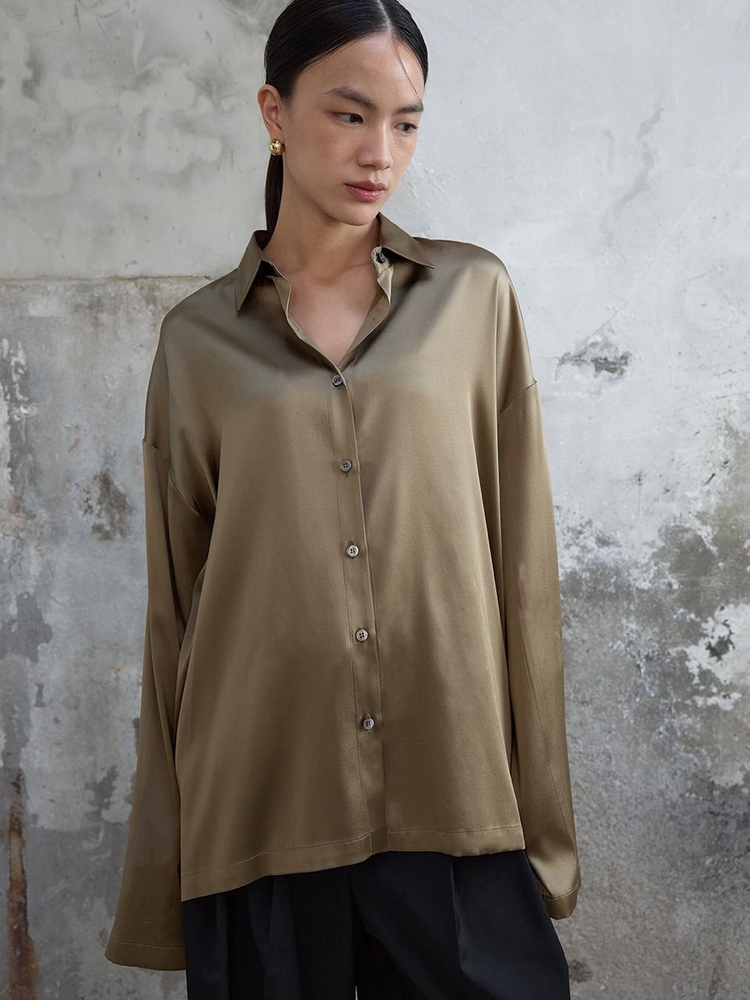 Oversized Silk Shirt Khaki