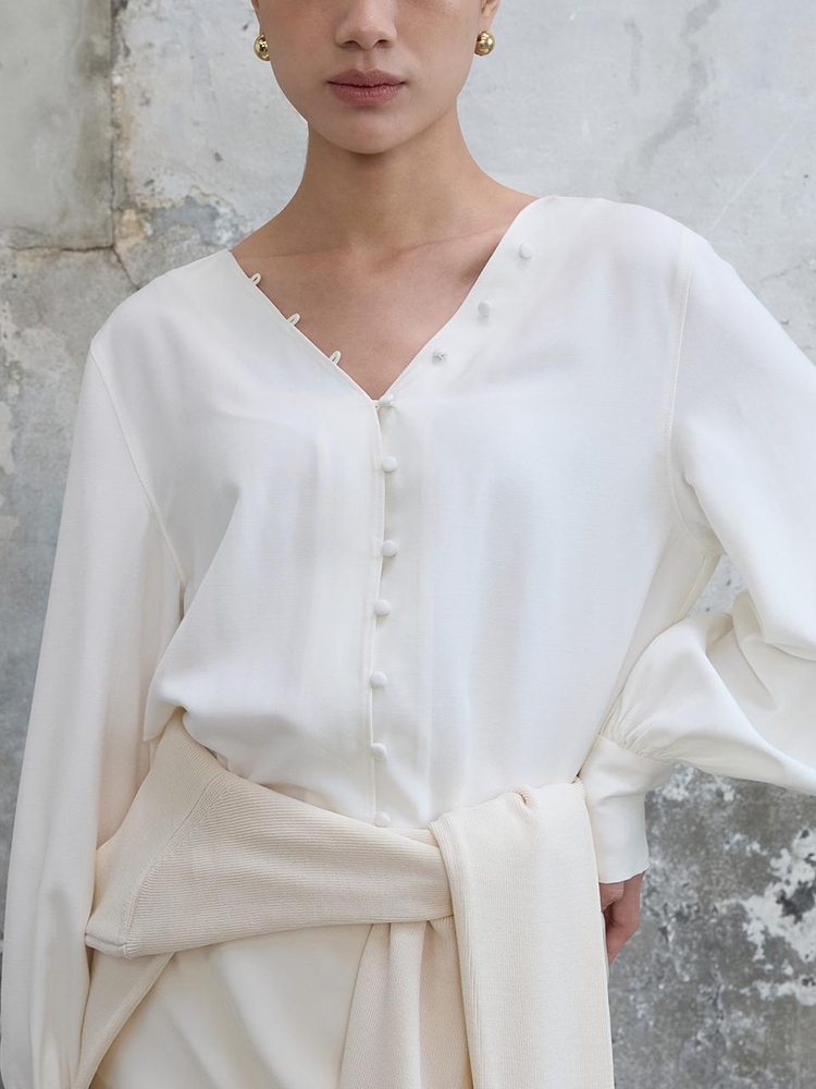 Button Point Puff Blouse Off White