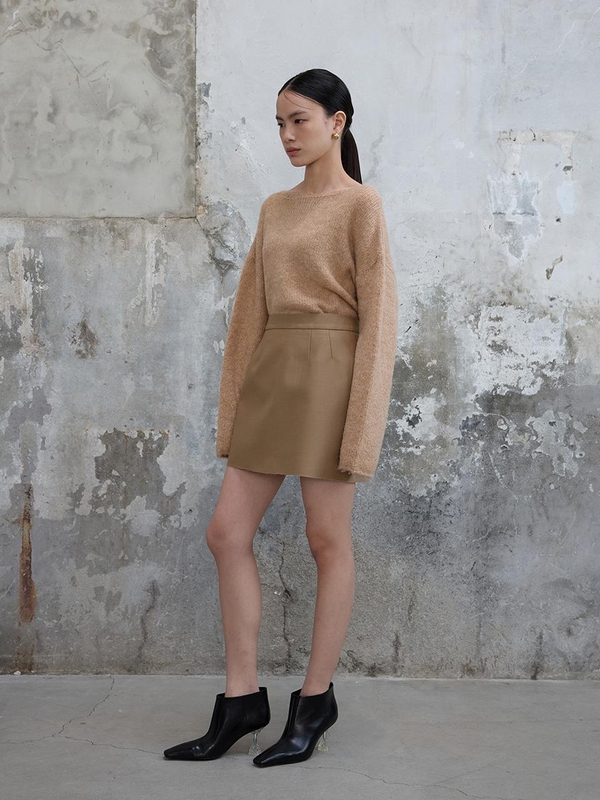 Wool Silk Mini Skirt Caramel