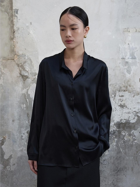 Vintage Collar Silk Shirt Black