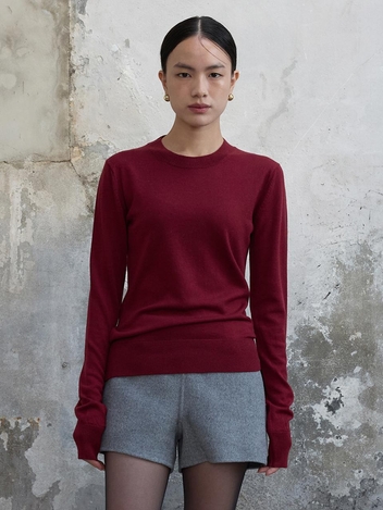 Round Neck Wool Kint Top Crimson