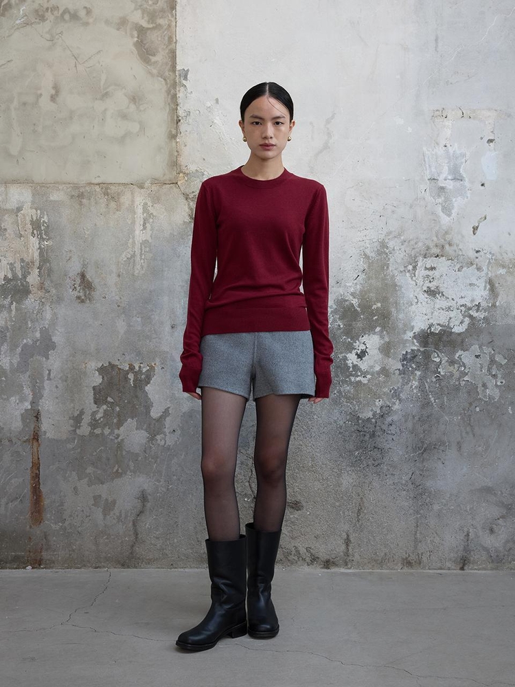 Round Neck Wool Kint Top Crimson