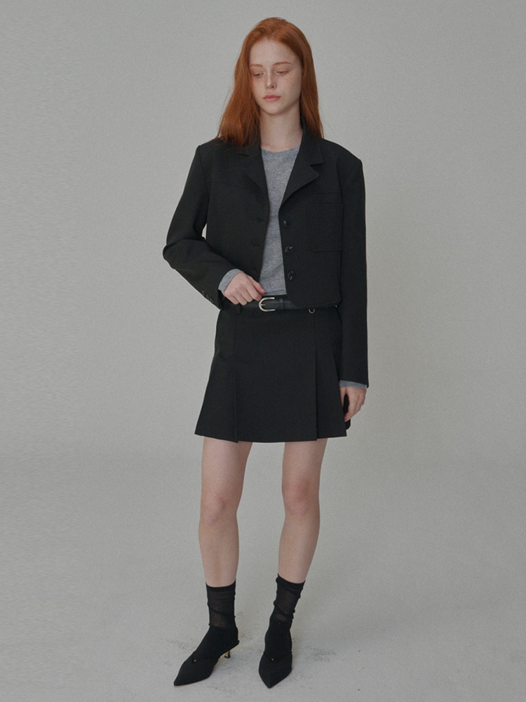 Set_Classic Tailored Short Jacket+Pleated Mini Skirt_Black