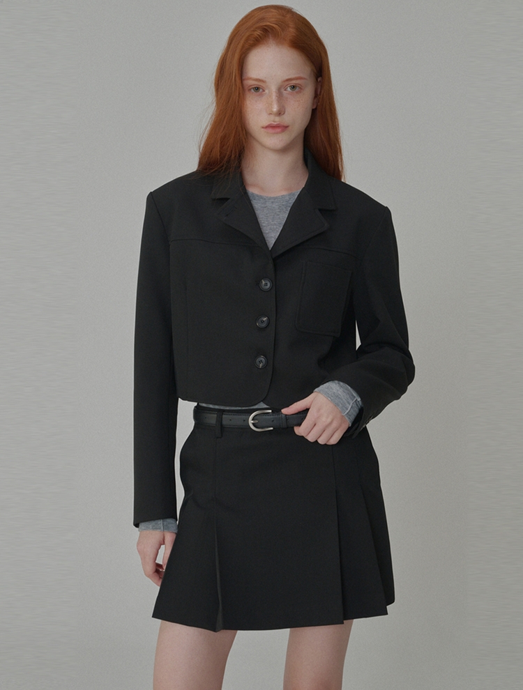 Set_Classic Tailored Short Jacket+Pleated Mini Skirt_Black