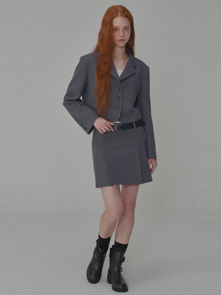 Set_Classic Tailored Short Jacket+Pleated Mini Skirt_Grey