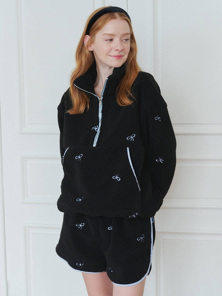 Ribbon Pointed Fleece Anorak_Black