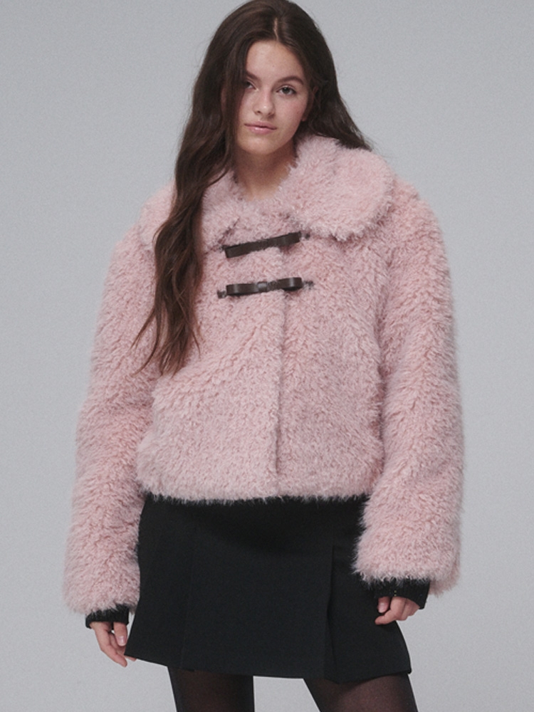 Ribbon buckle shearling fur jacket_Pink