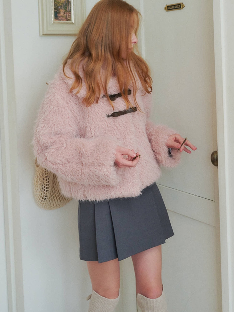 Ribbon buckle shearling fur jacket_Pink