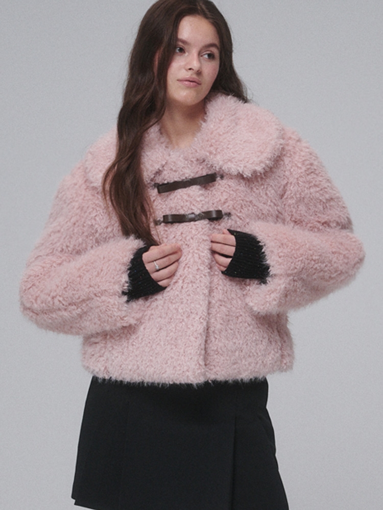 Ribbon buckle shearling fur jacket_Pink