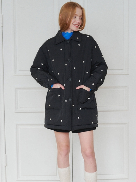 Heart-patterned Padding Half Coat_Black