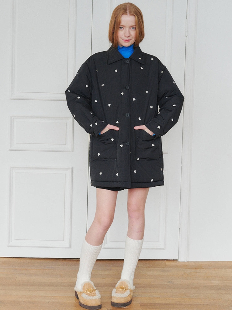 Heart-patterned Padding Half Coat_Black