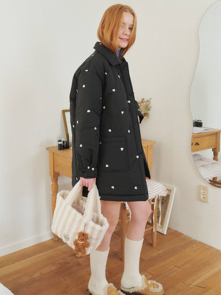 Heart-patterned Padding Half Coat_Black