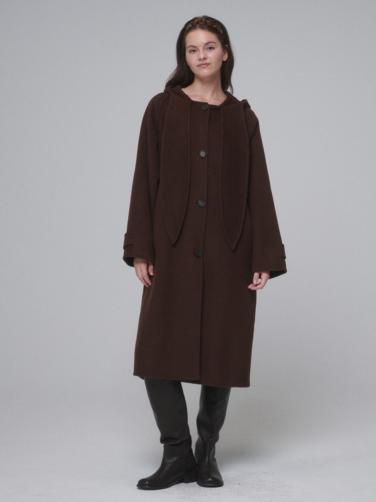 Hooded muffler handmade long coat_Chocolate Brown