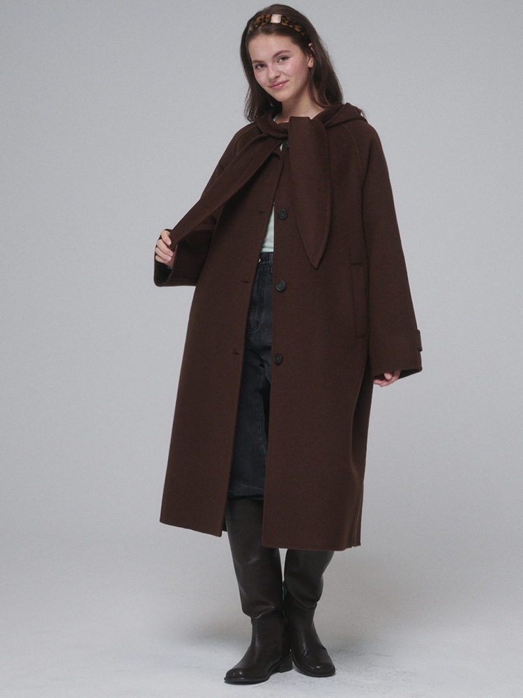 Hooded muffler handmade long coat_Chocolate Brown