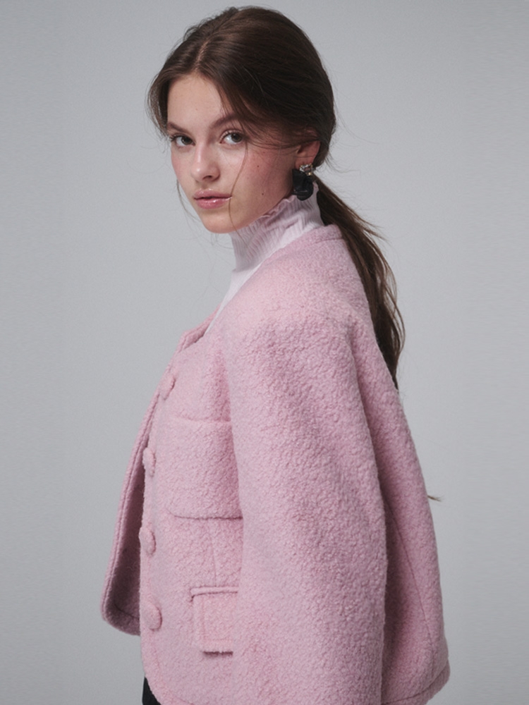 Boucle Wool Cropped Jacket_Pink