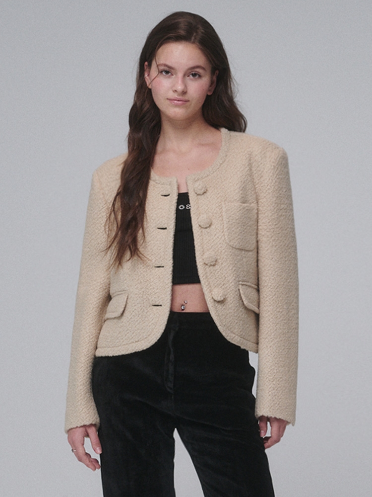 Boucle Wool Cropped Jacket_Beige