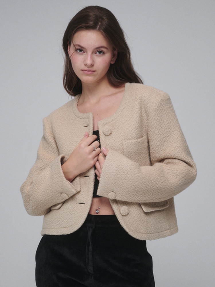 Boucle Wool Cropped Jacket_Beige