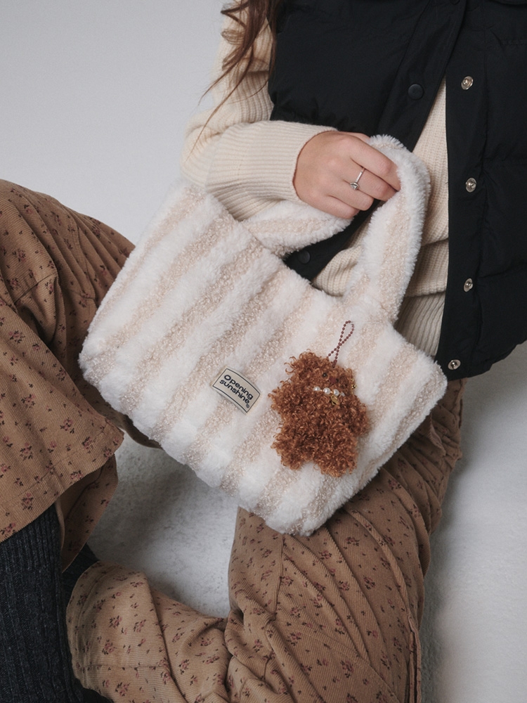 Striped shearling tote bag_Ivory