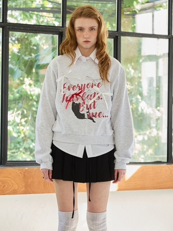 CHARLOTTE CAT RIBBON SWEATSHIRT / WHITE-MELANGE