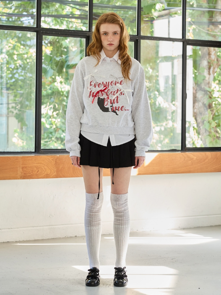 CHARLOTTE CAT RIBBON SWEATSHIRT / WHITE-MELANGE