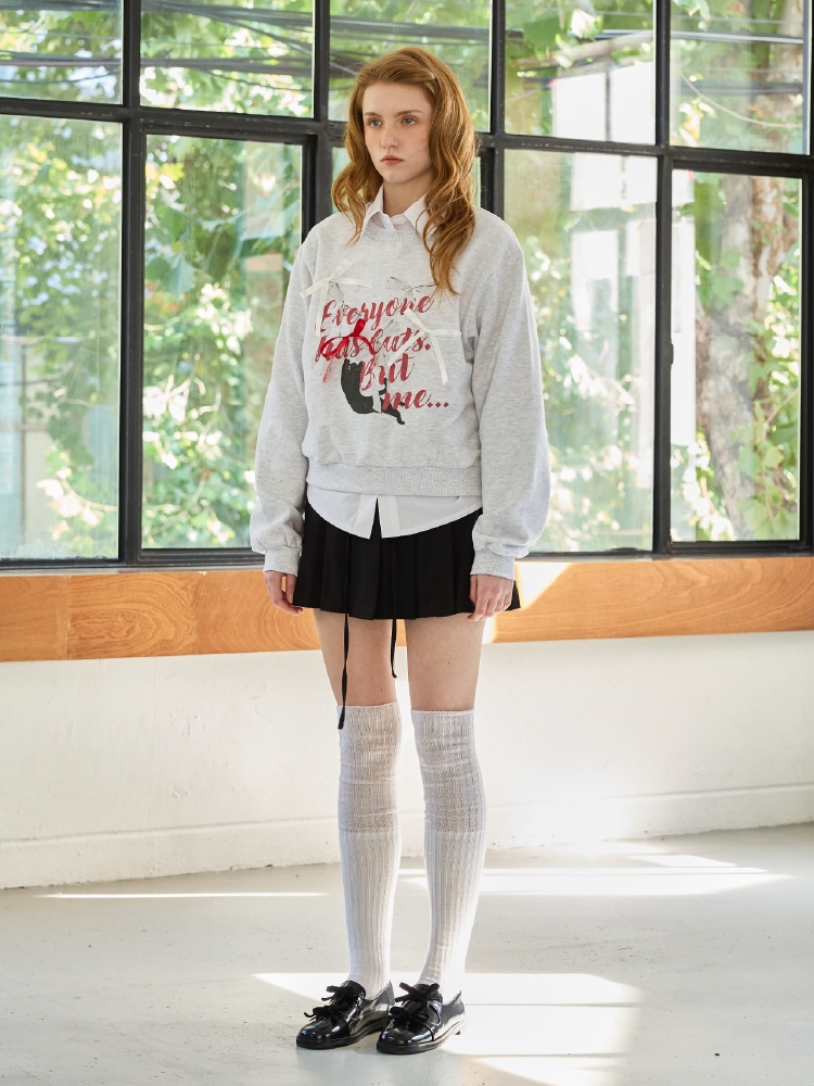 CHARLOTTE CAT RIBBON SWEATSHIRT / WHITE-MELANGE