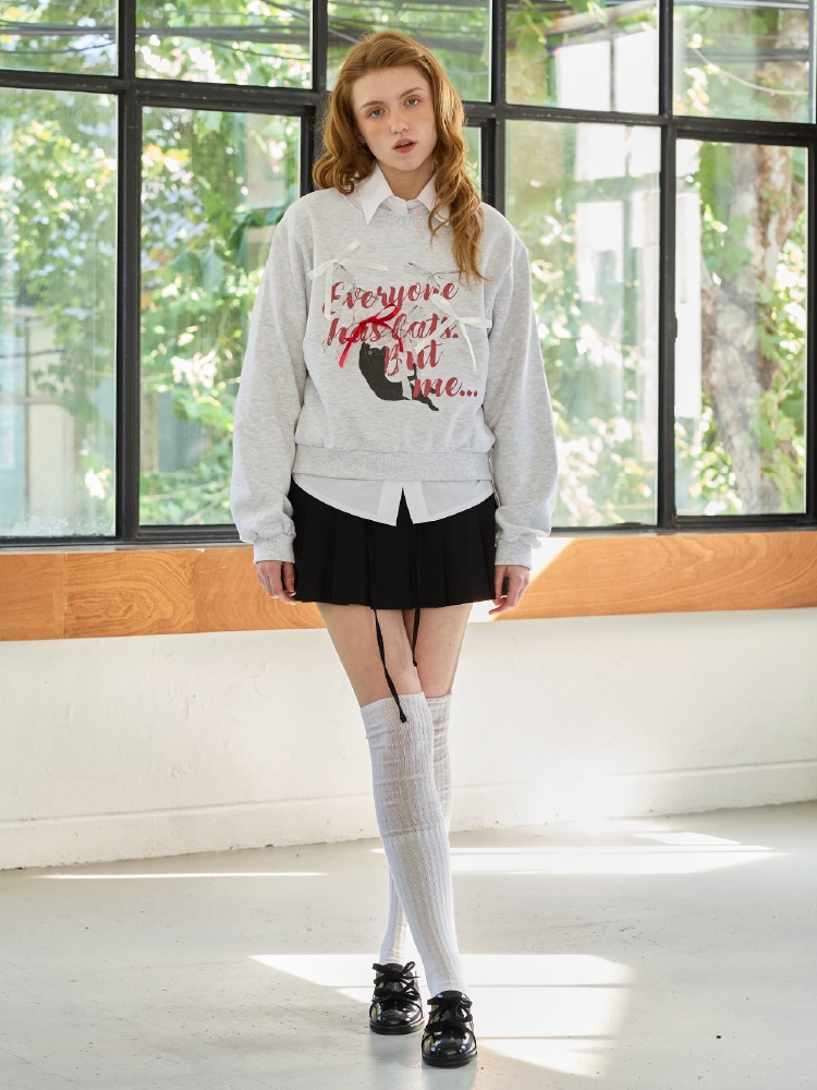 CHARLOTTE CAT RIBBON SWEATSHIRT / WHITE-MELANGE