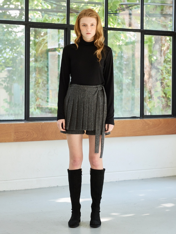 CLASSY HERRINGBONE WOOL SKIRT PANTS / CHARCOAL