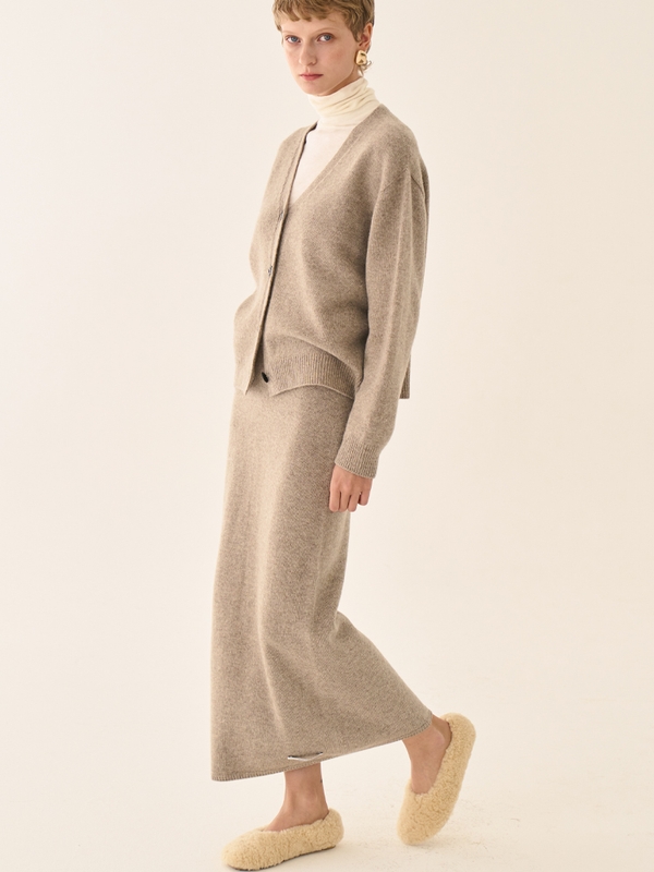 Merino Wool Long Slim Skirt _ Beige