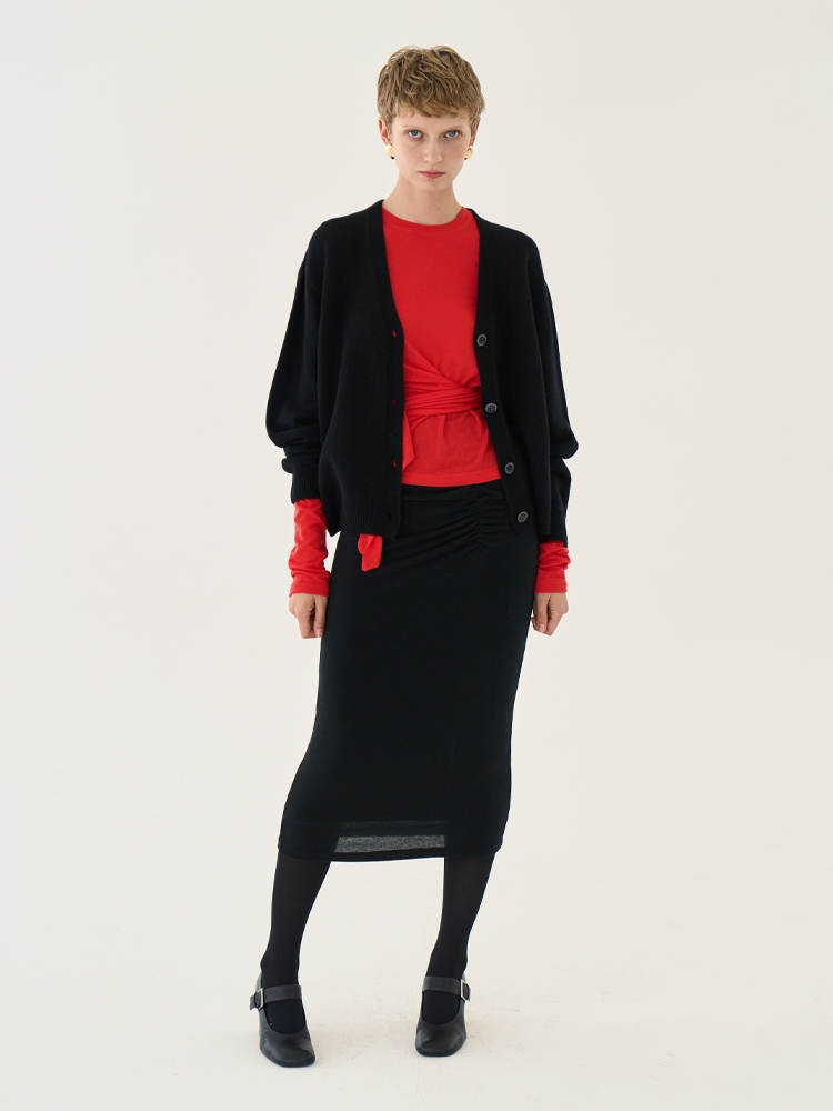 wool shirring jersey pencil skirt _ black