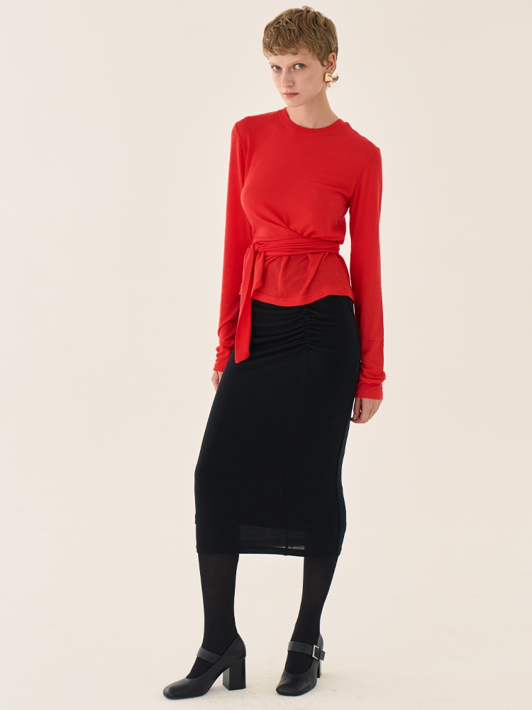 wool shirring jersey pencil skirt _ black