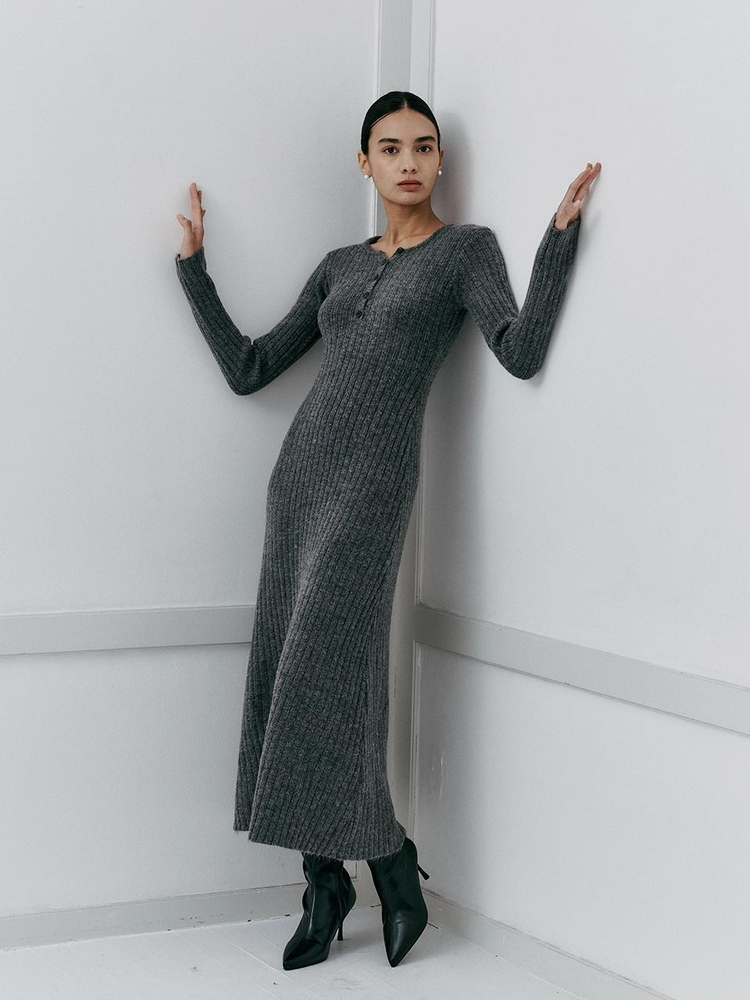 IT_Slim fit button knit long dress_GRAY