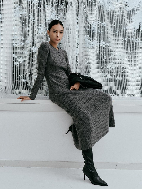 IT_Slim fit button knit long dress_GRAY