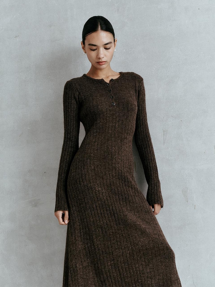 IT_Slim fit button knit dress_BROWN